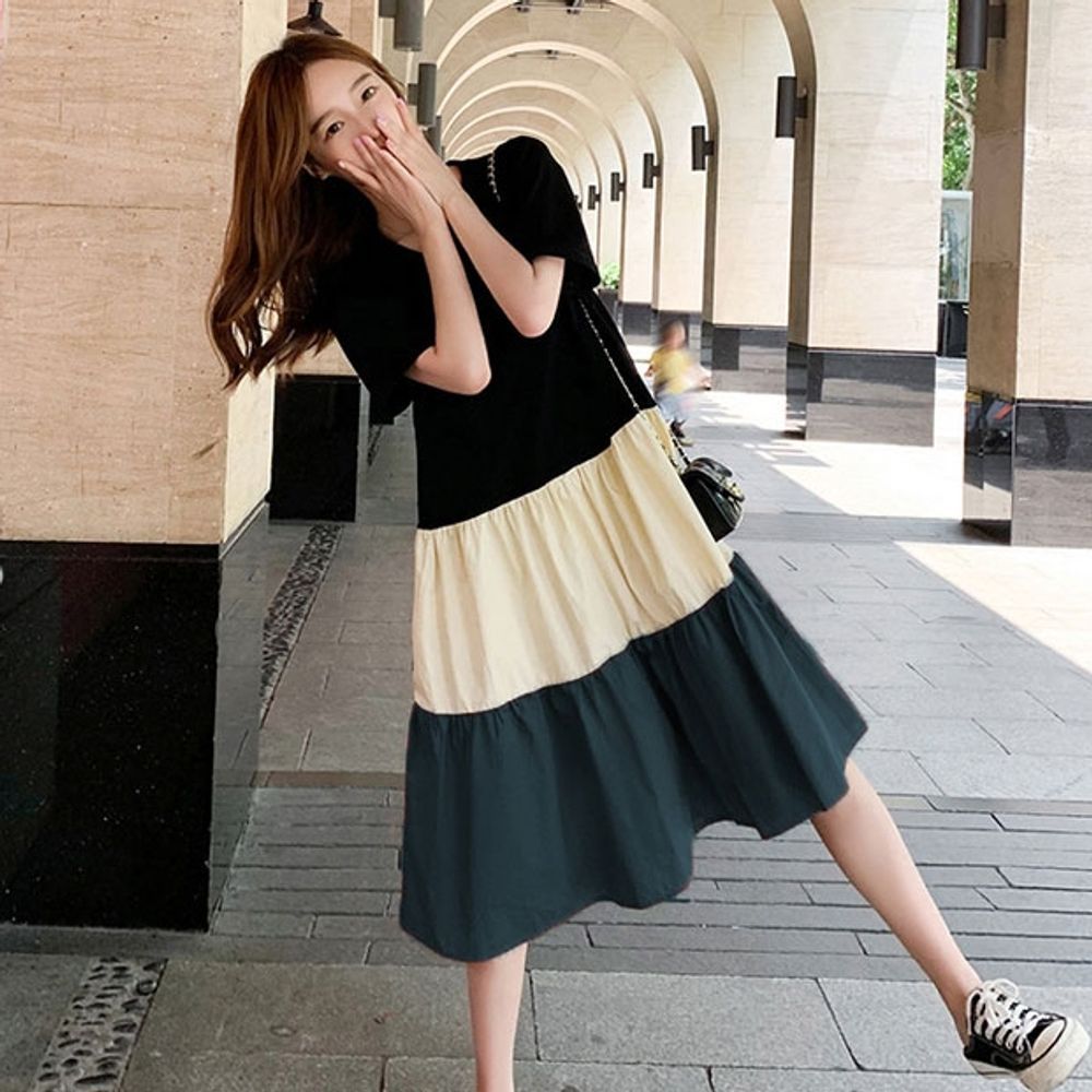 배색 여름 원피스 휴양지 바캉스 여성 반팔 롱 원피스 24,820원