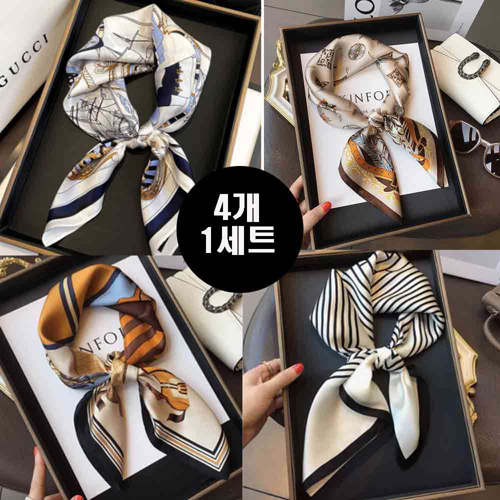 모나코 여성 실크 느낌 쁘띠 데일리 70x70 정사각 스카프 머플러 4종 세트 (4개 1세트) 15,900원