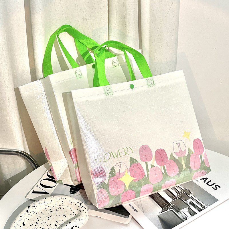 프린트 무방직 가방, 버튼이 달린 쇼핑백, 선물용 가방, 3가지 사이즈, 일상 통근용, 20개, 흰색 + 분홍색 27,220원