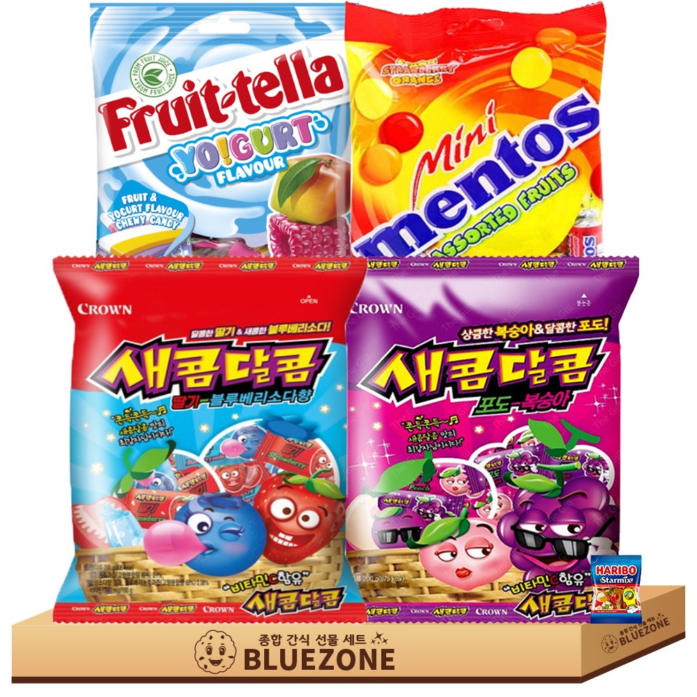 개별포장젤리 B세트 후르트텔라100g 멘토스미니150g 새콤달콤블루베리소다200g 새콤달콤포도복숭아200g 하리보 22g, 5개, 100g 12,200원