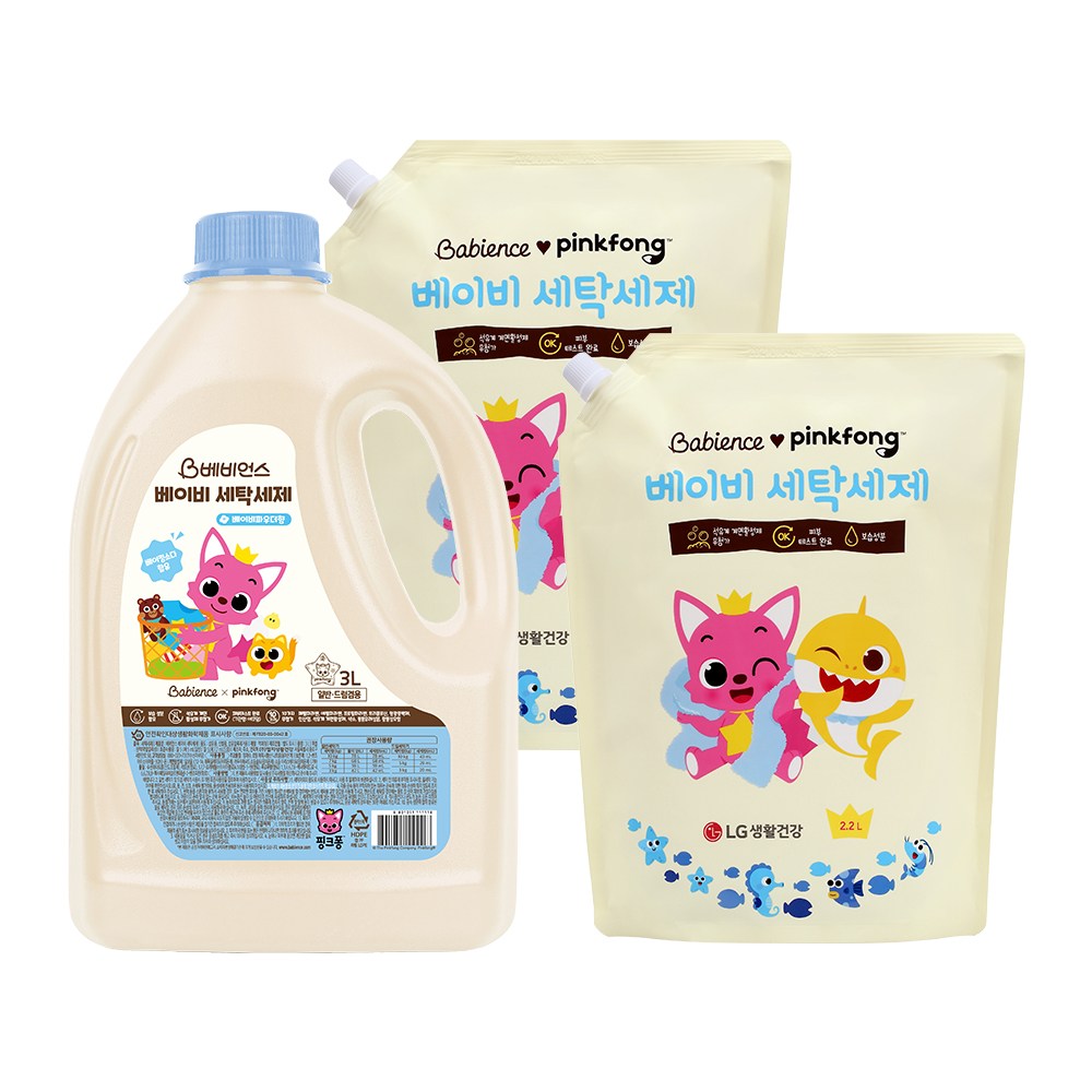 베비언스 핑크퐁 베이비 세탁세제 대용량 3L + 리필 2.2L x 2개 22,900원
