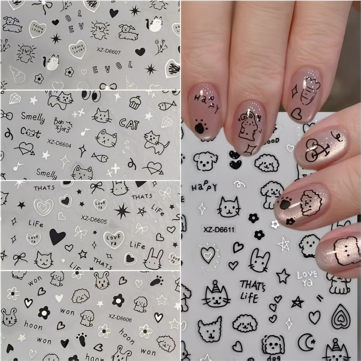 웨젼 네일 스티커 고양이 강아지 하트 도안 데코 4종 세트, 1개, 화이트/블랙 8,200원