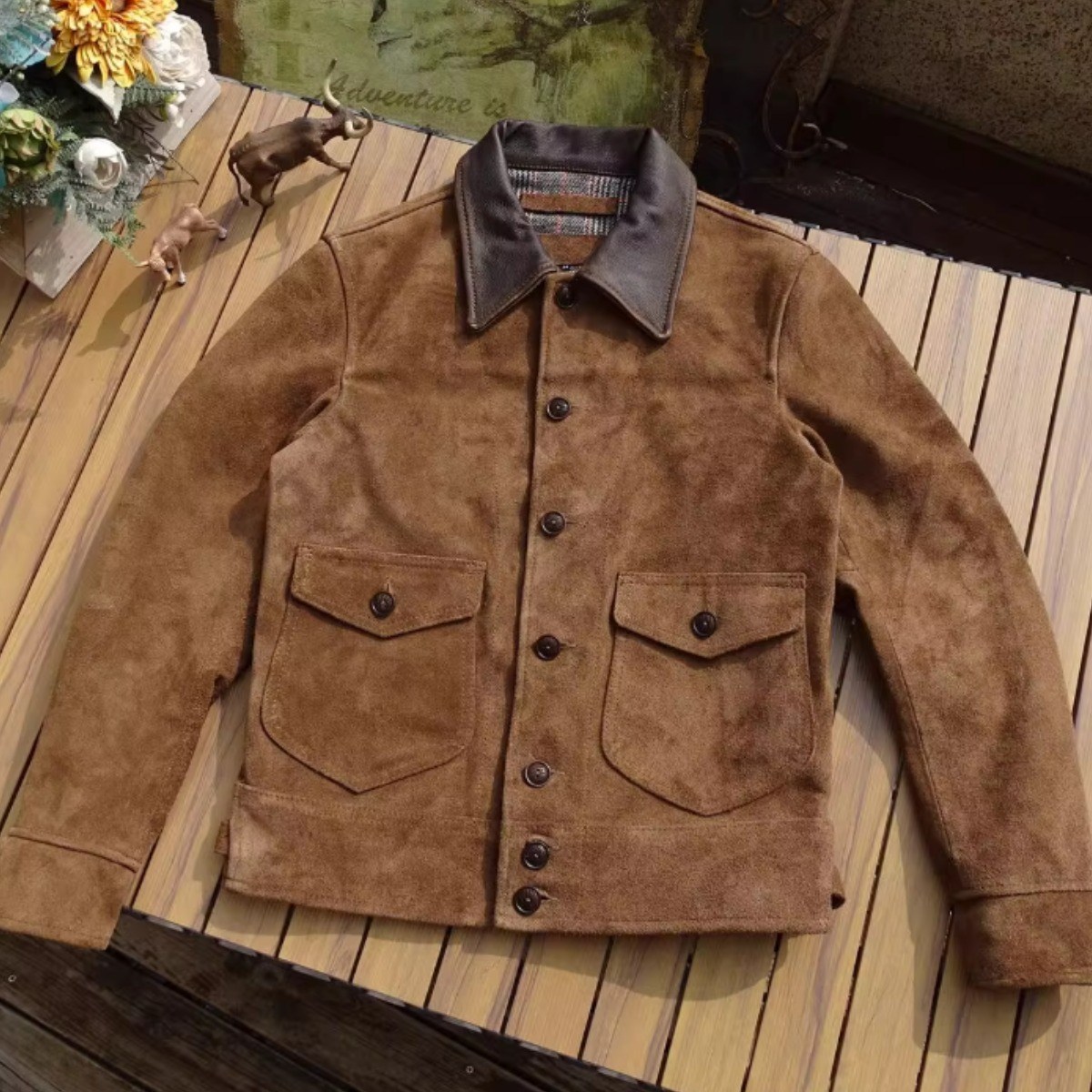 레더 카라 배색 스웨이드 트러커 자켓 (소가죽) 172,000원