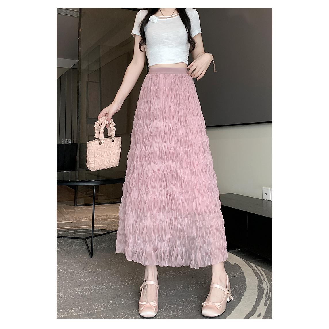 퍼미에잇 여성 롱 스커트 밴딩 플리츠 쉬폰 치마 A라인 체형커버 여름 데일리 링클 하객룩 19,500원