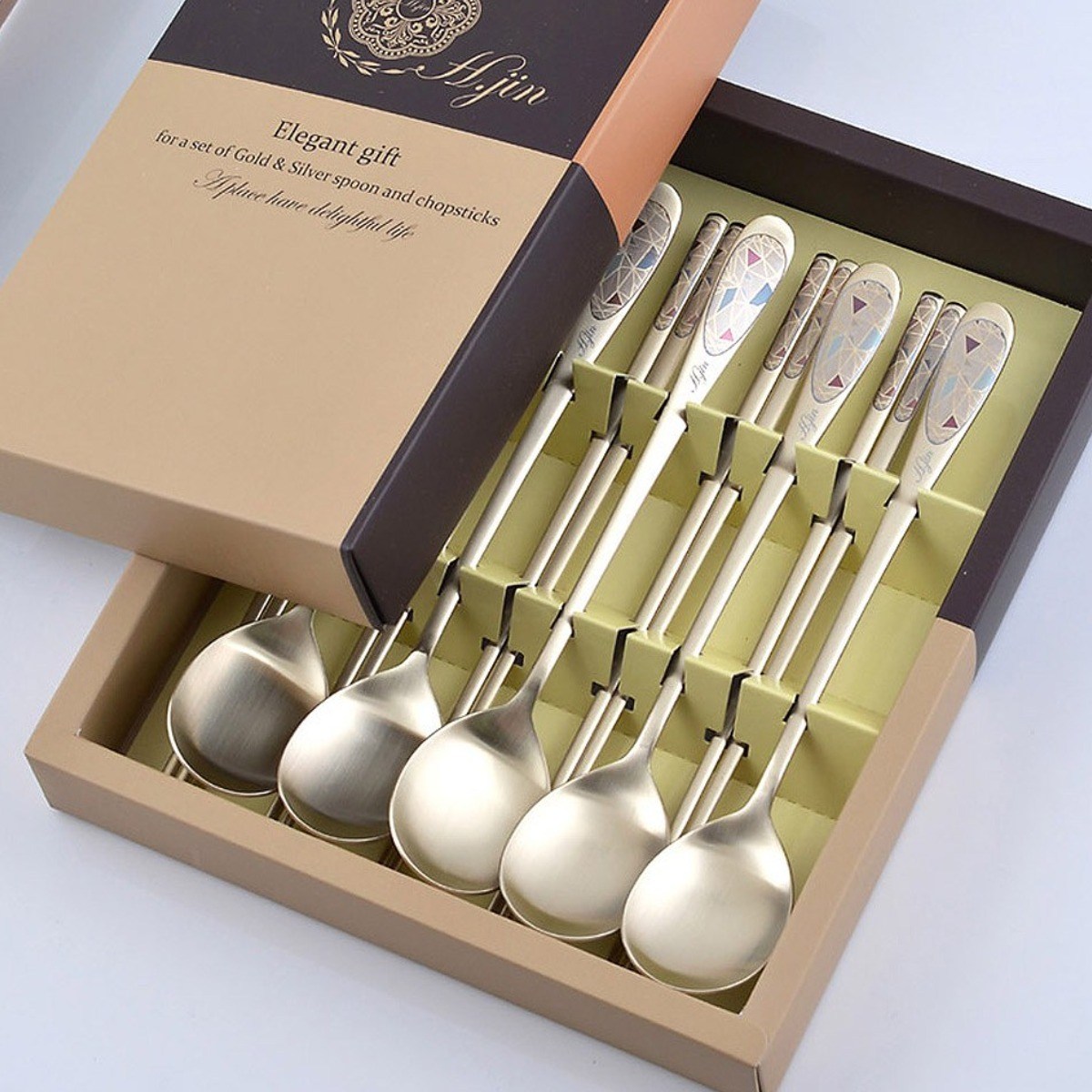 H.JIN현진 아트보석 티타늄수저 5벌세트+포장+쇼핑백/ 거래처사장님선물 연말직원선물 창립기념일기념품 결혼선물 외국인선물 직원선물, 5세트, 수저세트 55,000원