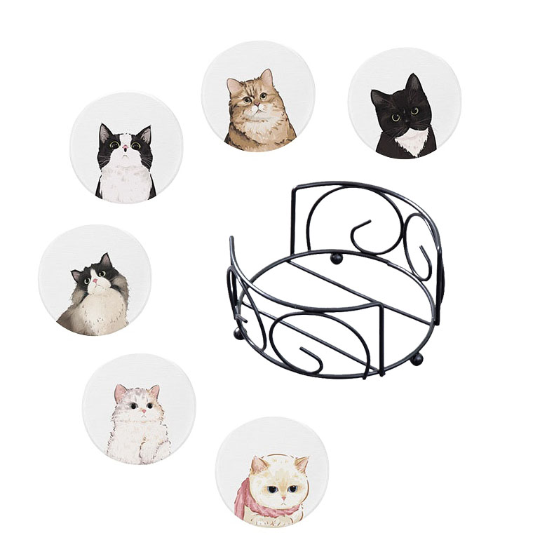 귀여운 고양이 티 코스터 규조토 컵받침 + 보관 트레이 세트, 세트B (화이트 배경), 6개 19,900원