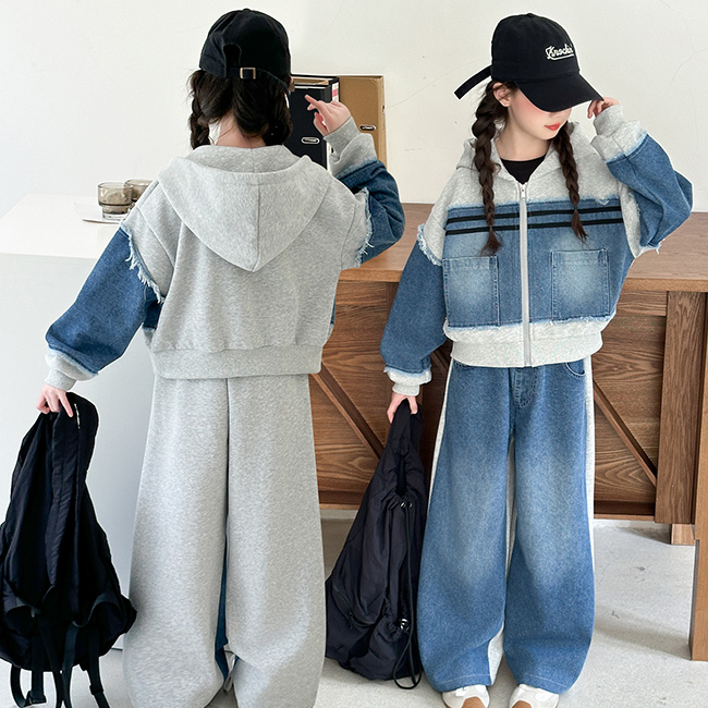 비비키드 여아 신상 데님 라인 포인트 후드집업 초등생 긴팔 상의 초중생 하의 긴바지 주니어 세트 봄 가을 초등생 상의+하의 (R98) 46,800원