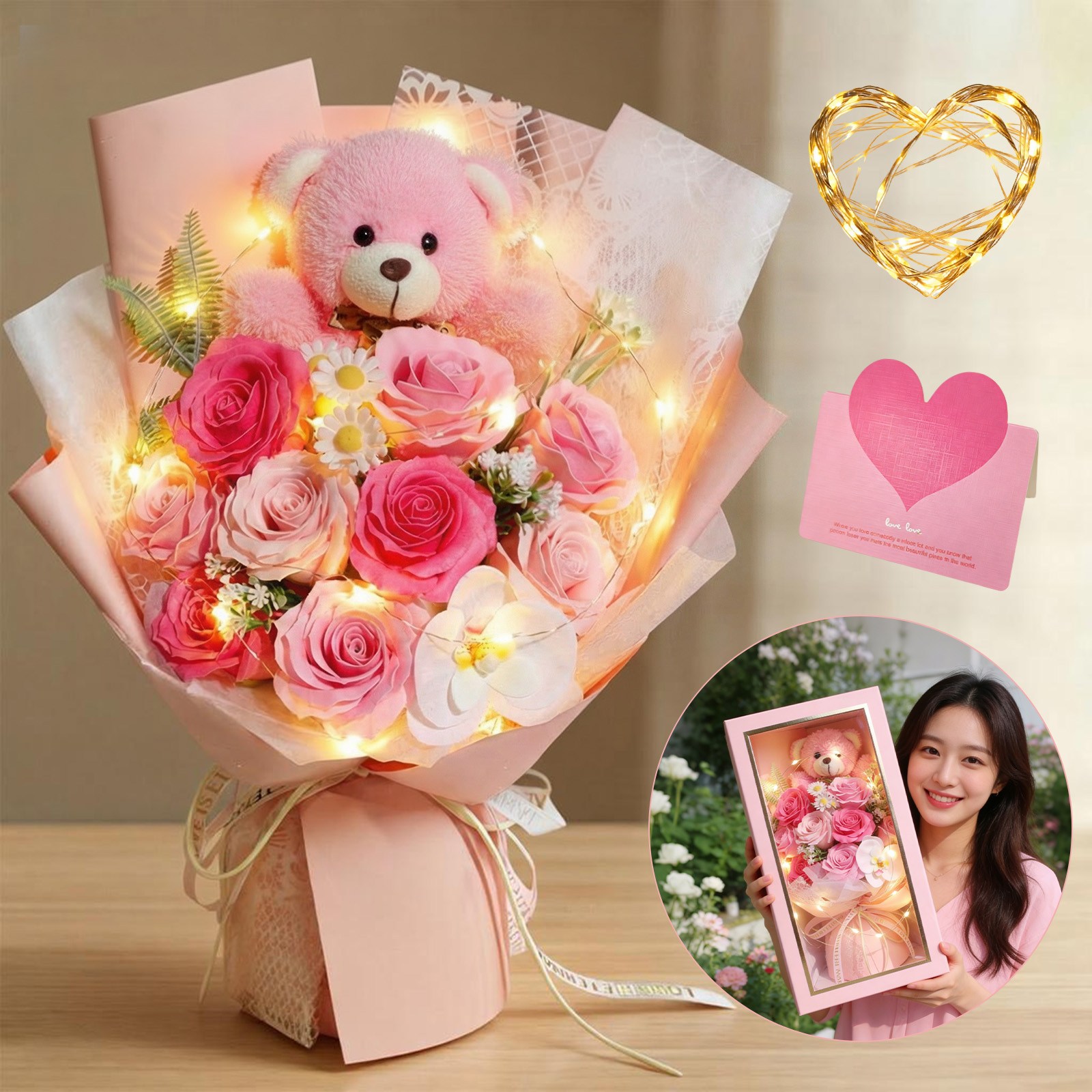 MIVONA 장미 꽃다발 테디베어 프리저브드 플라워 선물세트 감성 졸업식 기념일 선물 LED 무드등 카드 포함 15,900원