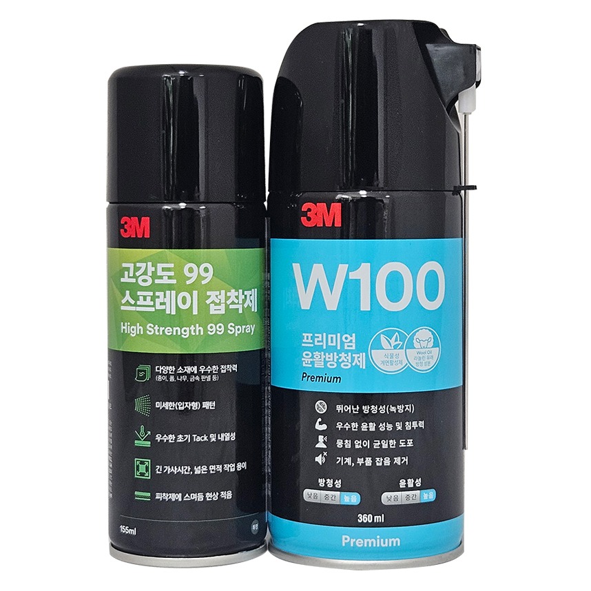 쓰리엠 프리미엄 윤활 방청제 360ml W100 + 99 스프레이 접착제 무색 155ml 세트 5,250원