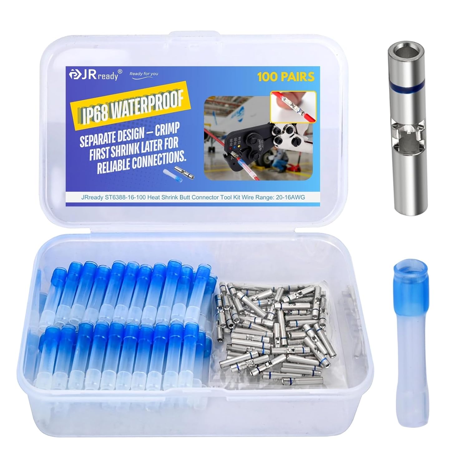 JRready 100쌍 IP68 방수 블루 열수축 버트 커넥터 16-20AWG 전선 커넥터 PE 절연 슬리브 주석 도금 구리(M81824/1-2) ST6388-16-100 48,220원