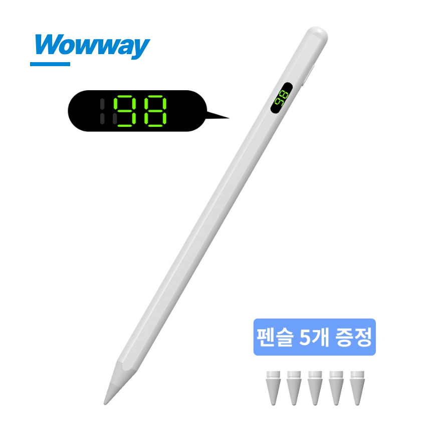 WOWWAY 아이패드 펜슬 터치펜 애플 iPad 호환용 LED 디스플레이형 블루투스형 usb-c 스마트펜, 1개, 화이트-디스플레이형 12,900원