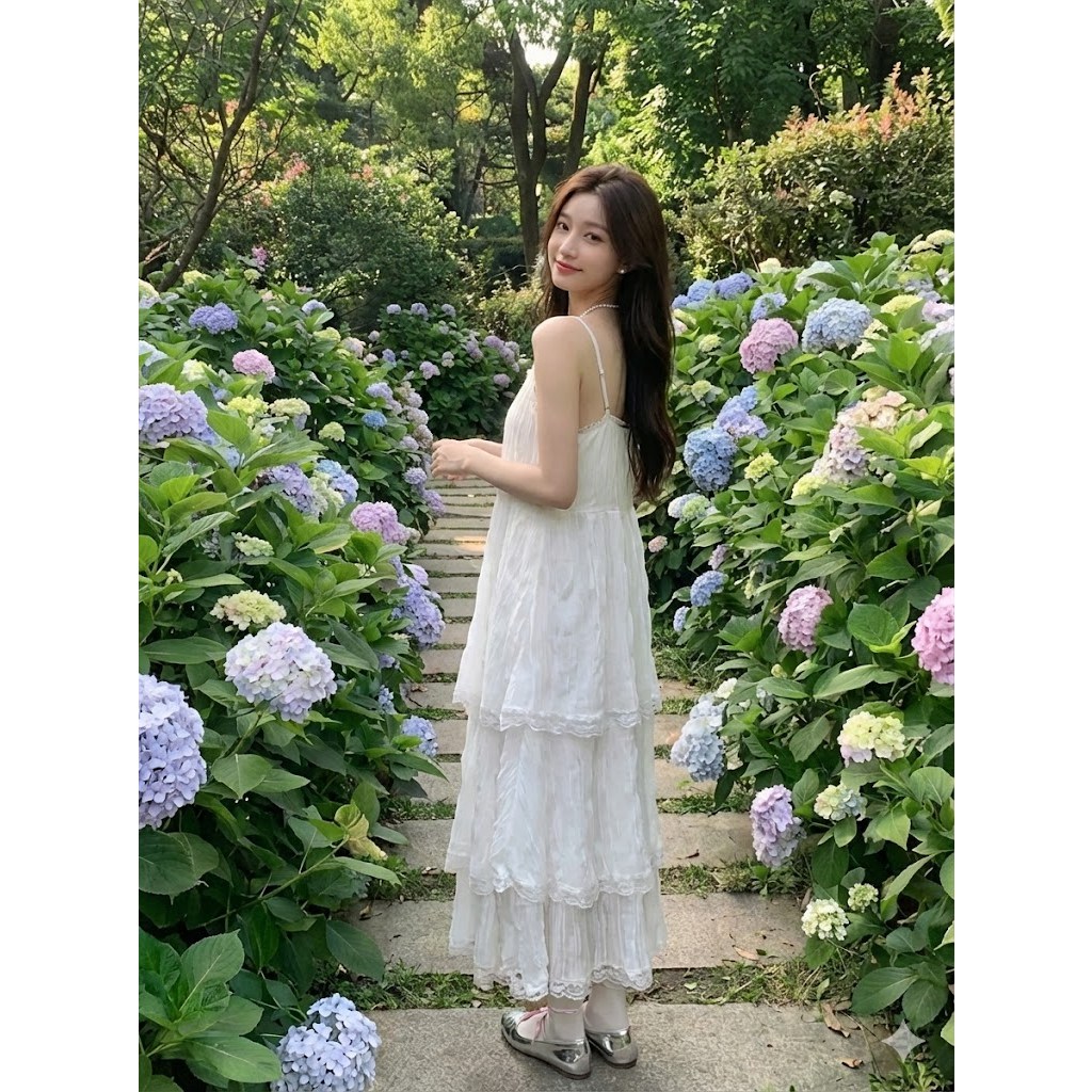 포리프 레이스 캉캉 민소매 스트랩 바캉스 롱 원피스 드레스 29,900원