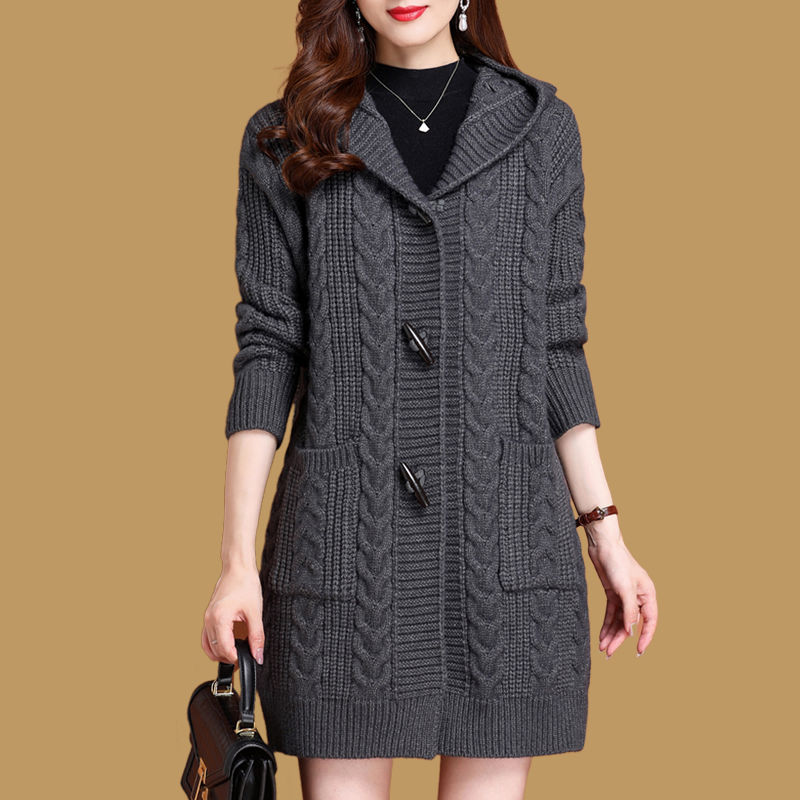 여성 후드 니트 가디건 두꺼운 니트 아우터 중년 여성 가을 겨울 롱 가디건 포켓 디자인 35,900원