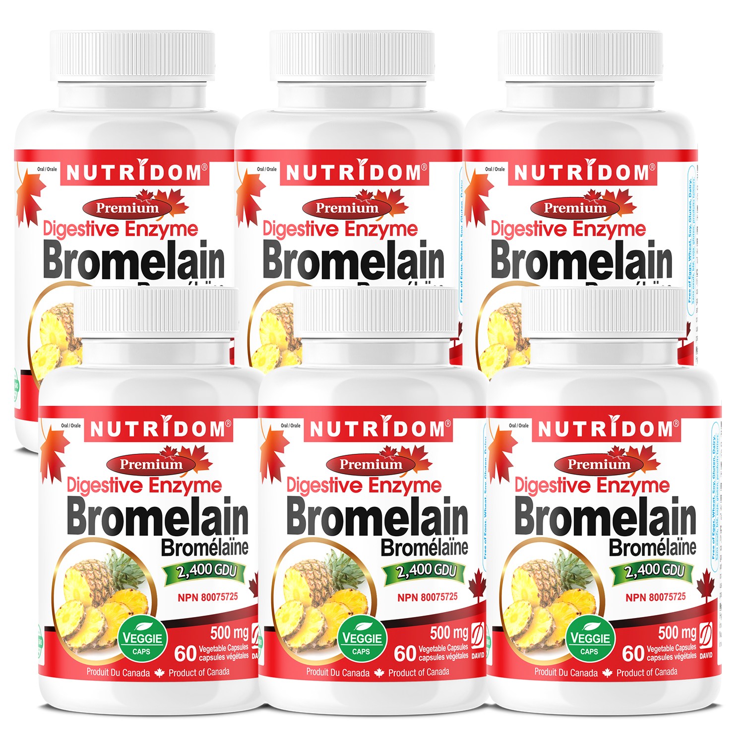 (6병특가) 뉴트리돔 캐나다 브로멜라인 파인애플 효소 2400GDU 500mg 60식물성캡슐, 6개, 60정 111,600원