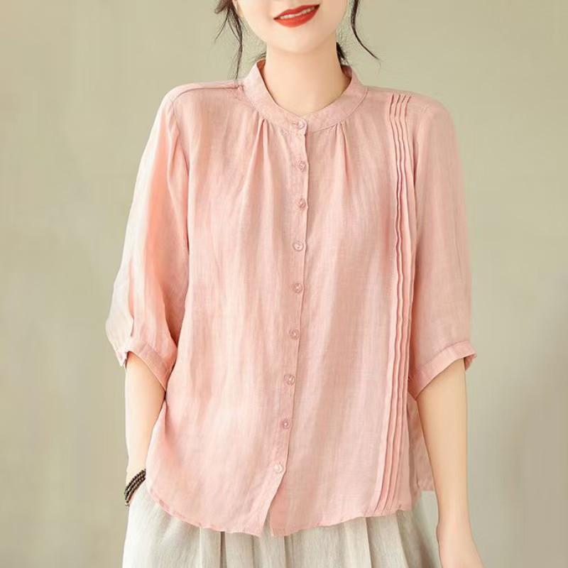 SELEAD 여성 린넨 셔츠 반팔 여름 블라우스 빅사이즈반팔티 링클프리셔츠 엄마옷 빅사이즈 최대 100kg 다림질 필요 없음 9,400원