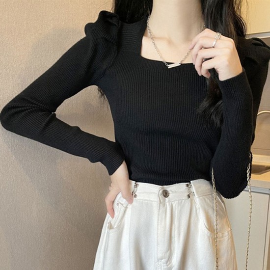 여성 골지 긴팔 니트티 1P 간절기 스퀘어넥 어깨퍼프 여성스러운니트티 골지긴팔티 24,000원