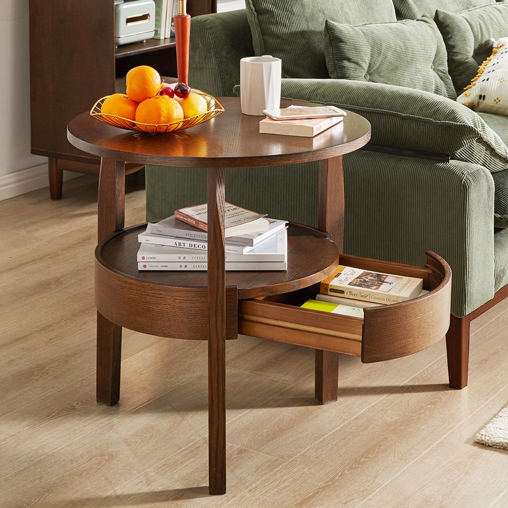 에코소라노 원형 원목 머릿장 사이드 테이블 서랍형 원목 2층 협탁 티 테이블, 월넛 108,800원