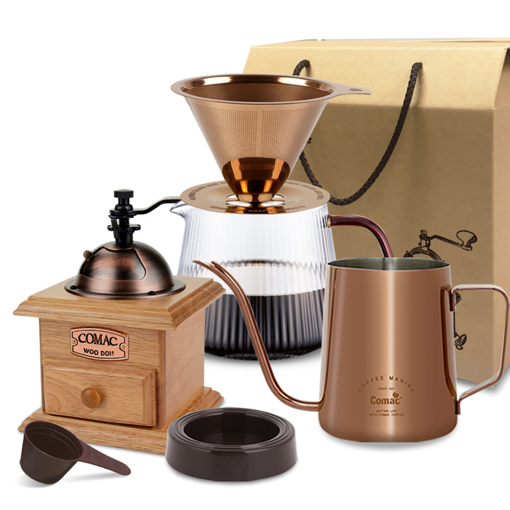 코맥 티타늄 스텐필터 + 플리츠 커피서버 + 커피 드립피쳐 로즈골드 KPG1 + 이중날 커피밀 엔틱 소 MR2 + 커피 계량스푼 J1 + 스텐 필터 받침대 J2 선물세트 SFG1 WG1 81,460원