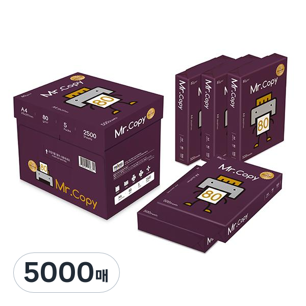 미스터카피 프리미엄 복사용지 80g, A4, 5000매 44,300원