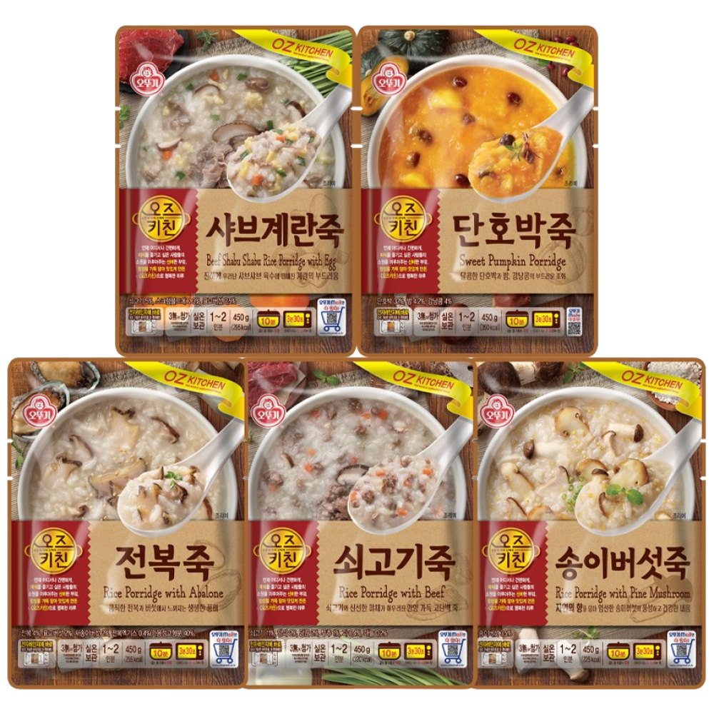 오뚜기 오즈키친 450g 파우치죽 5종세트(전복+송이버섯+단호박+쇠고기+샤브계란), 5개, 450g 22,500원