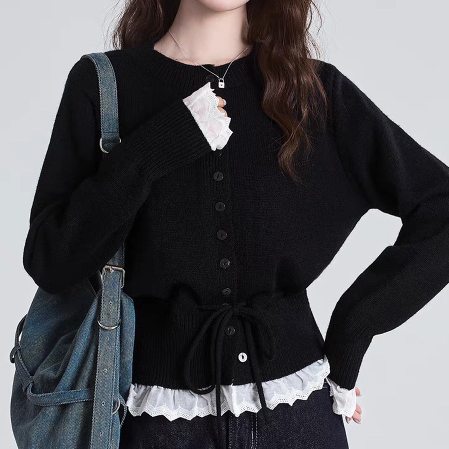 cammello 러블리 프릴 밑단 레이스 스트링 니트 가디건 여성 긴팔 니트티 20,900원