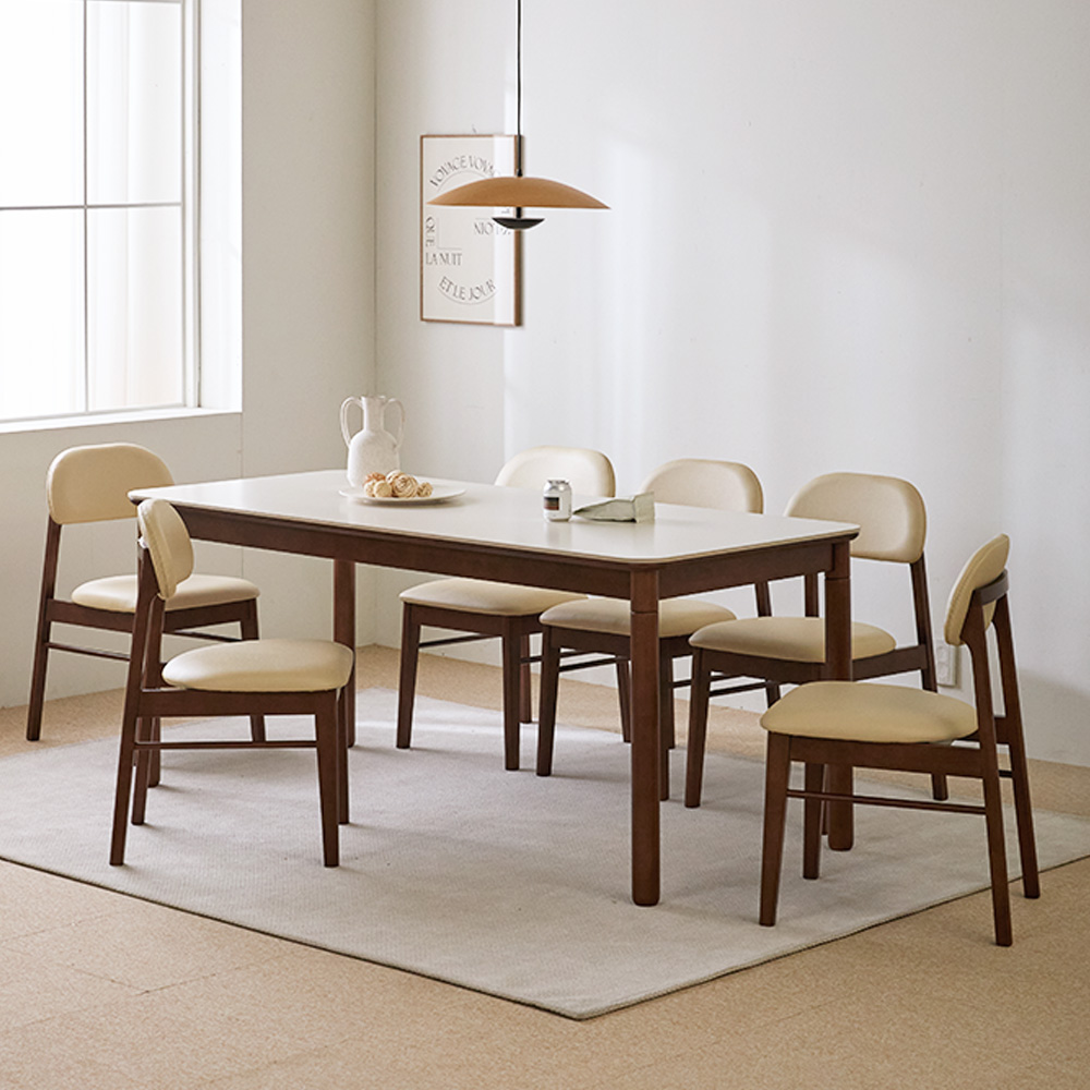 베니 세라믹 원목식탁 6인용 1800 + 의자6p 세트 방문설치, 월넛(프레임, 의자), 베이지(상판), 일반의자 6 1,145,000원