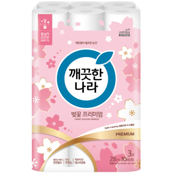 깨끗한나라 벚꽃 프리미엄 3겹 28M 30롤 X1팩, 28m, 30롤, 1개 17,900원