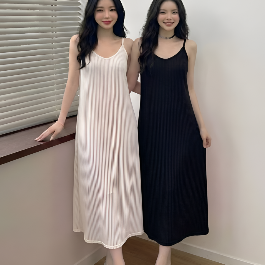 쁘띠엘라 찰랑스판 플리츠 끈나시 롱 원피스 휴양지 뷔스티에 2p 19,800원