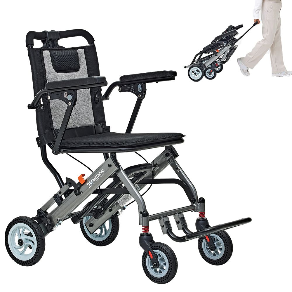 2H메디컬 페더체어 시리즈 - 8kg 초경량 알루미늄 수동 접이식 여행용 장애인 휠체어, 1개, 프로+캐리어 핸들 235,000원