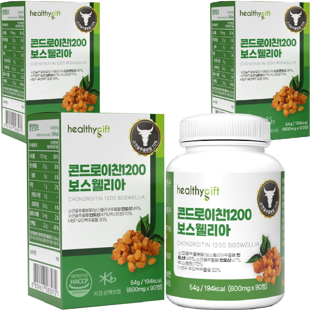 [런칭 특가] 콘드로이친 1200 보스웰리아 소연골 정 MBP 유단백추출물 식약처 HACCP 인증, 3개, 90정 30,350원