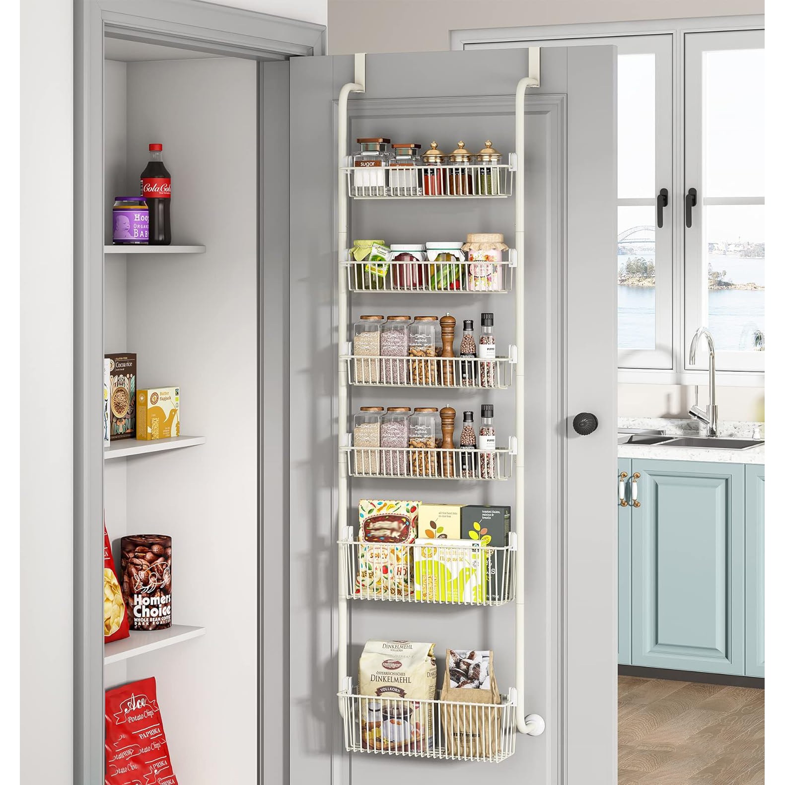 모던마켓 홈 수납 무타공 주방 욕실 멀티 도어선반 2가지 사이즈 바구니있는 철제 공간활용 문걸이 수납선반 문에 걸이는 튼튼한 틈새 수납 문선반, 화이트 6단, 1개 33,900원