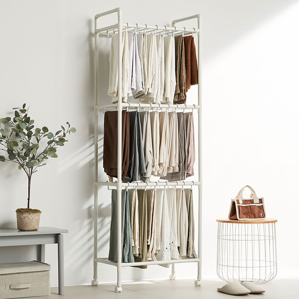 엠에프매직하우스 무볼트 드레스룸 카트형 바지걸이 3단 행거, 화이트, 현재가 59,890원