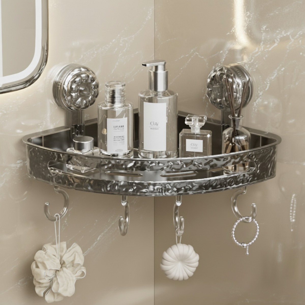 숭람 무타공 흡착식 코너형 욕실선반, 그레이 투명 13,900원