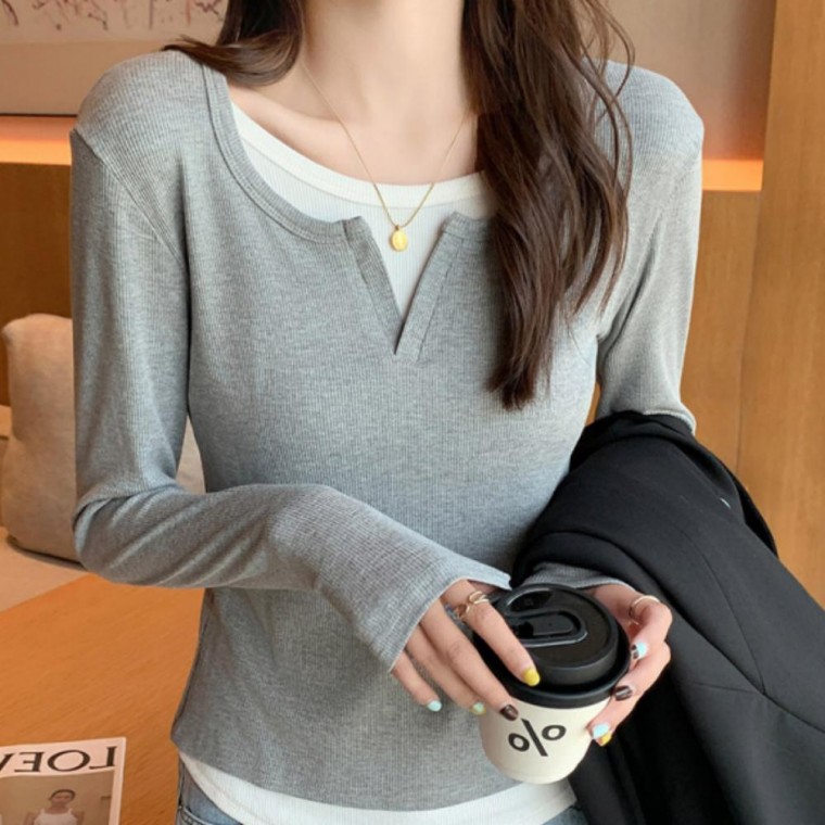 여자 여성 데일리 레이어드티 골지 브이넥 긴팔 티셔츠 49,200원