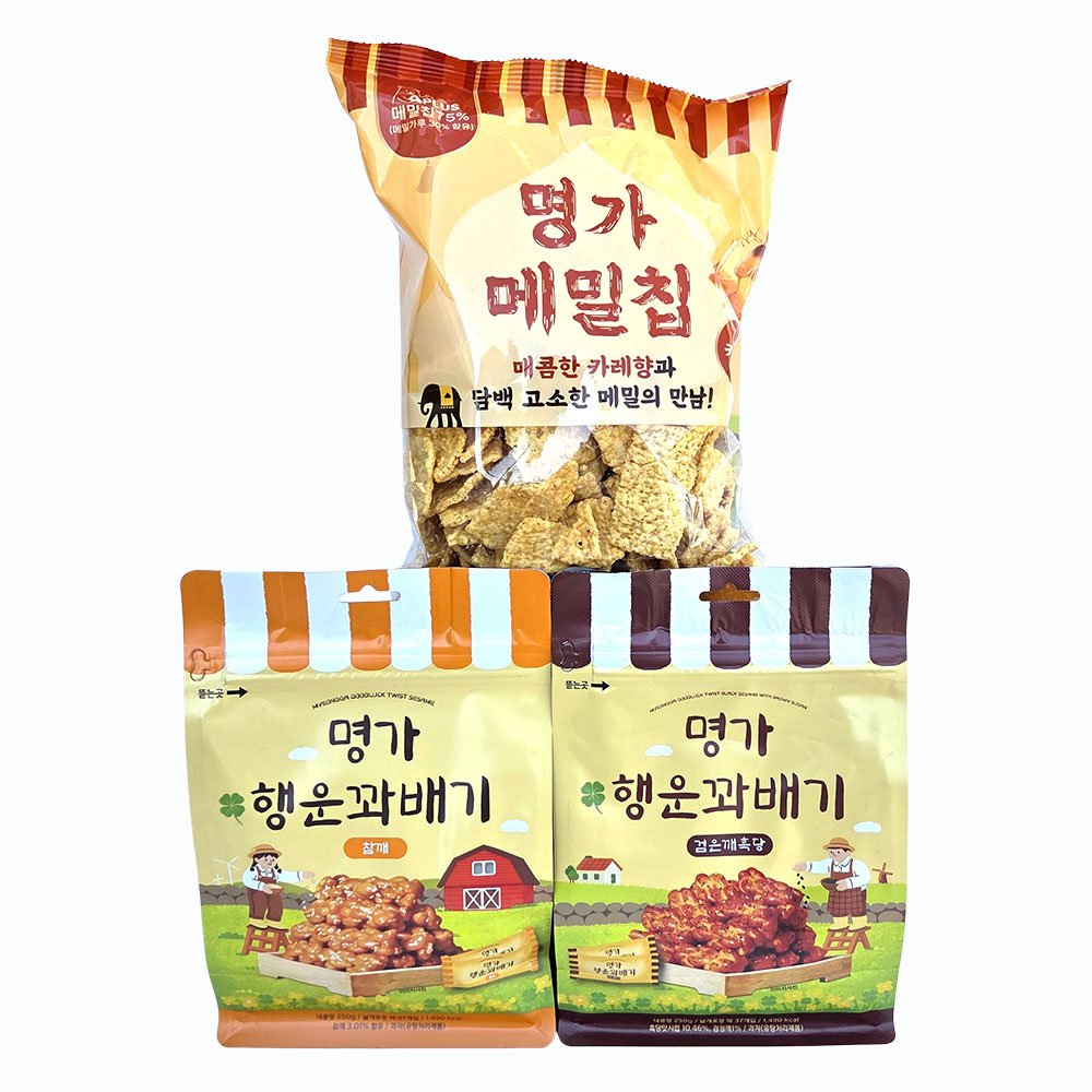 (세트상품) 명가행운꽈배기 참깨250g + 검은깨흑당250g+ 명가메밀칩 카레맛 160g, 1개, 660g 11,580원