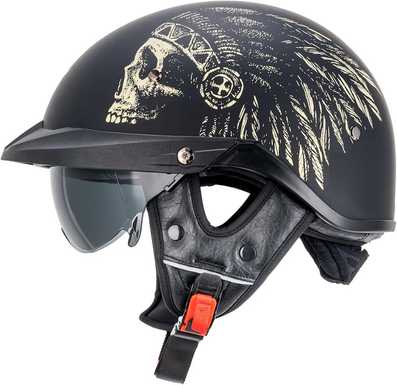 VCOROS 하프 헬멧 모터사이클 VHF04 오픈 페이스 선바이저 퀵 릴리스 버클 조절 가능 DOT 사이클링 레트로 크루저 파일럿 매트 인디언 S 143,430원