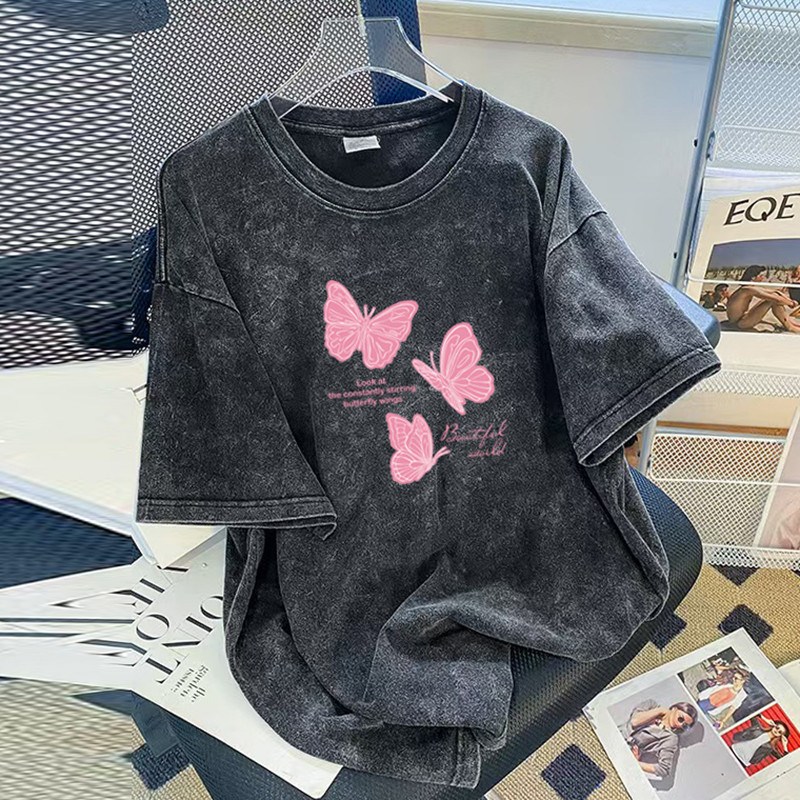 더벨러리 여성 나비 피그먼트 워싱 반팔 티셔츠 BCT5170 루즈핏 빈티지 프린팅 레터링 22,900원