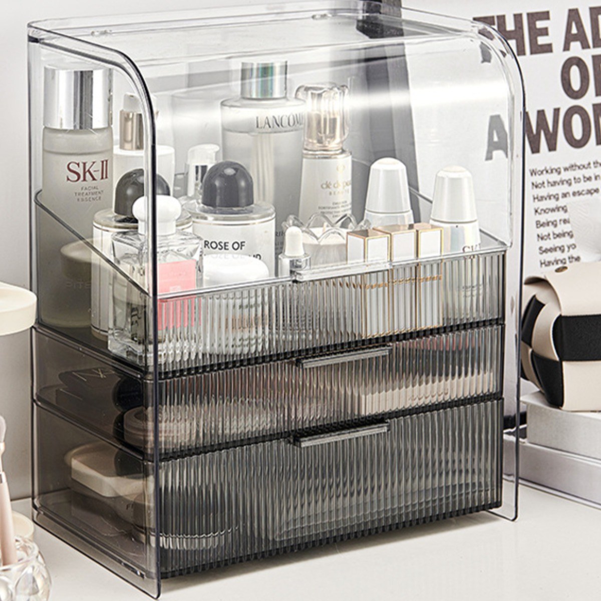 Izeriel 3단 화장품 정리대 예쁜 특대형 슈퍼 화장품정리함 대용량 투명 플리츠 정리함 커버형 수납박스 슈퍼 화장품 정리함 립스틱 보관함 무료증정 35,800원