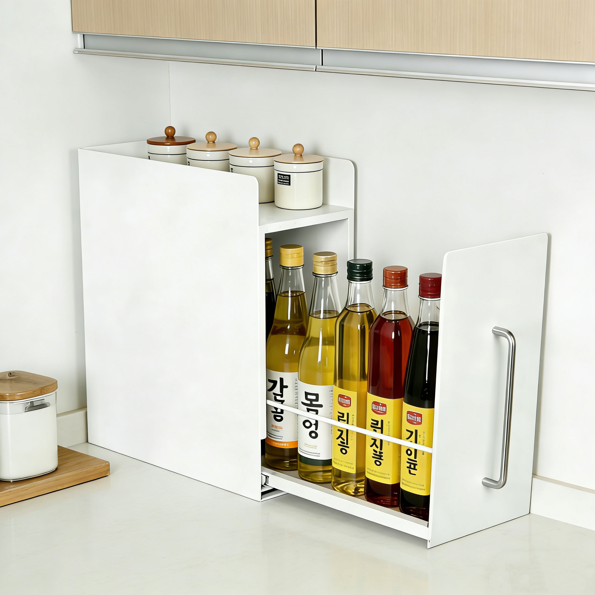 리빙가감법 주방 틈새 공간 활용 튼튼한 철제 슬라이딩 수납장 미끄럼 방지 양념통 컵 물병 서랍형 주방 정리함, 1개, 화이트 52,900원