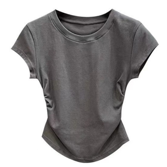 야오야오 밑단굴림 셔링 슬림핏 크롭 반팔 티셔츠 13,800원