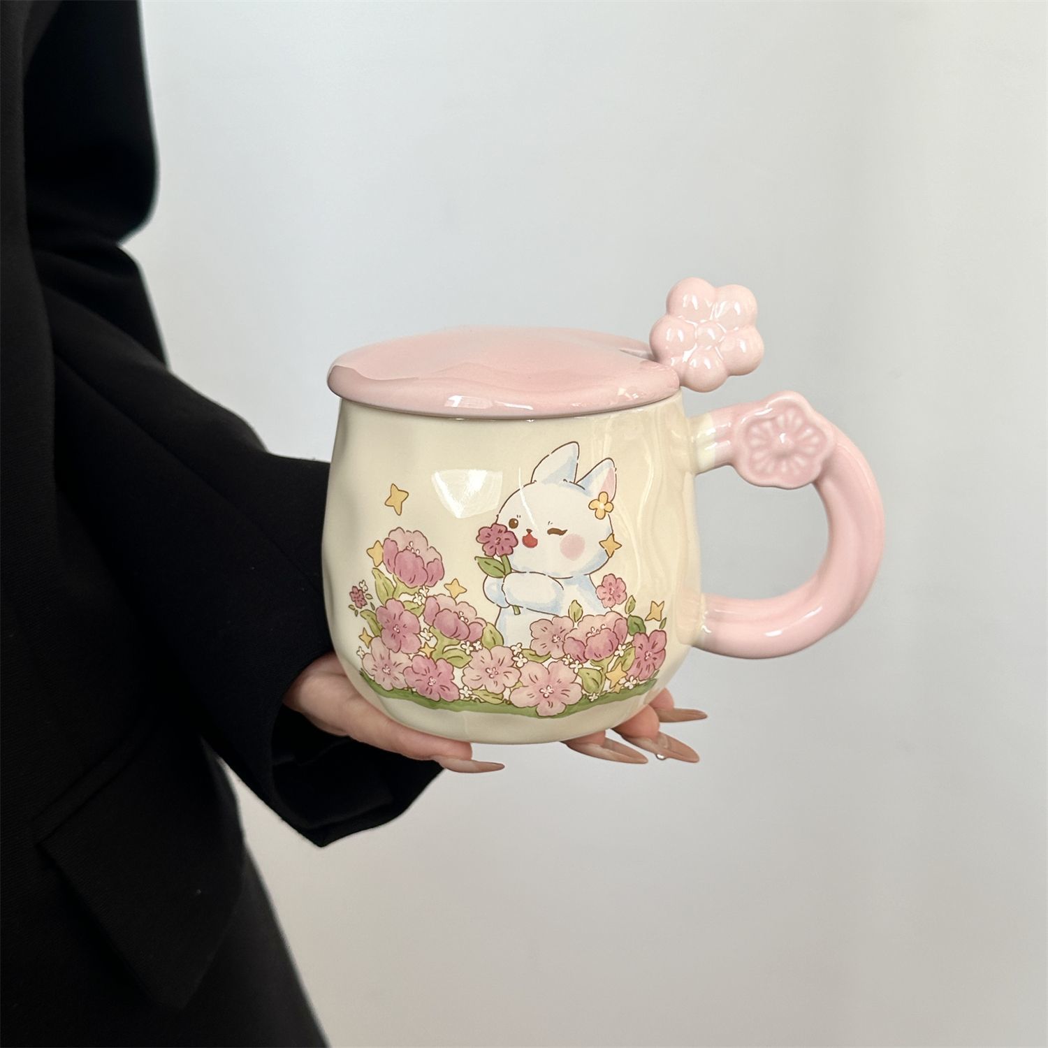 MAKABORO 머그컵 뚜껑 스푼 세트 예쁜 세라믹 커피컵 아침잔 물컵 라떼잔, 1개, 핑크, 현재가 14,500원