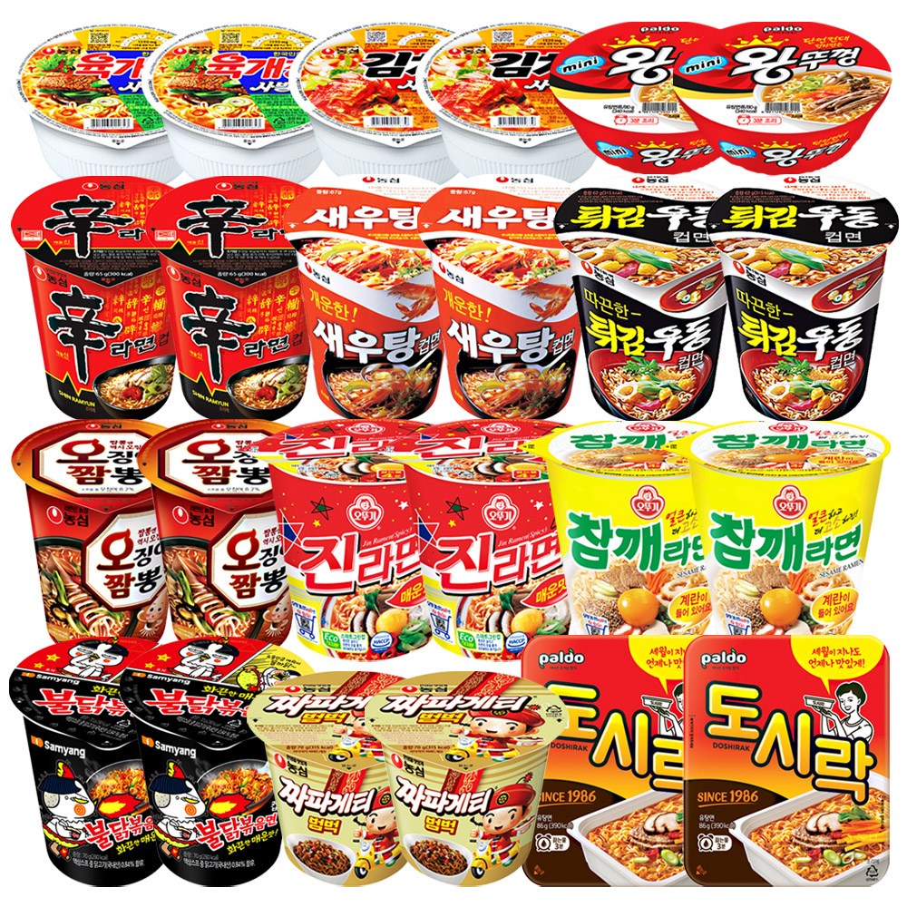 컵라면 소컵 혼합 24개 (육개장사발면+김치사발면+신라면+새우탕+튀김우동+오징어짬뽕+짜파게티범벅+도시락+미니왕뚜껑+진라면매운맛+참깨라면+불닭볶음면 각2개) 27,900원