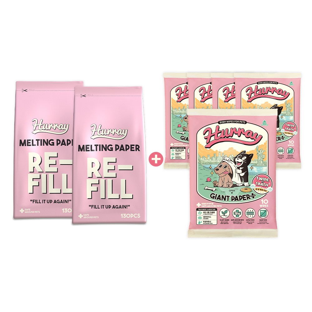 허레이 멜팅페이퍼 반려동물 물티슈 130매 본품&리필 세트 + 자이언트페이퍼 바디티슈, 1세트, 1개입 64,900원