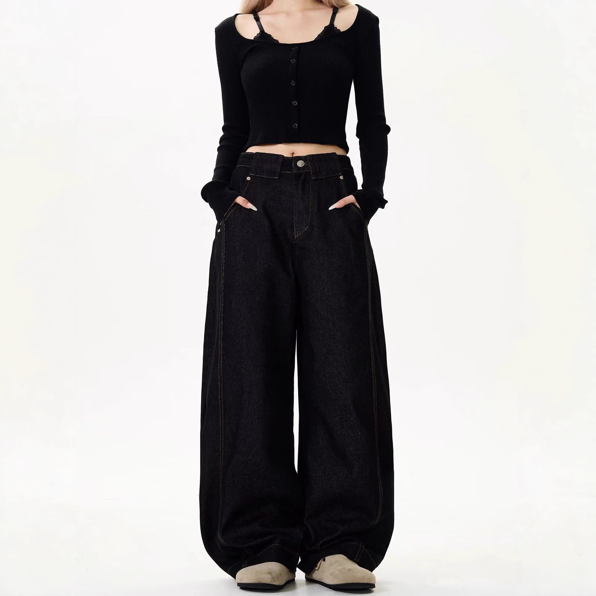 더플로우커머스 여성용 생지 무드 딥톤 다크진 와이드 데님 팬츠 29,900원