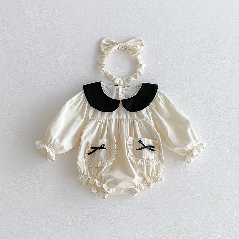 스타도어 유아용 프릴 리본포켓 긴팔수트 + 헤어밴드 세트 32,800원