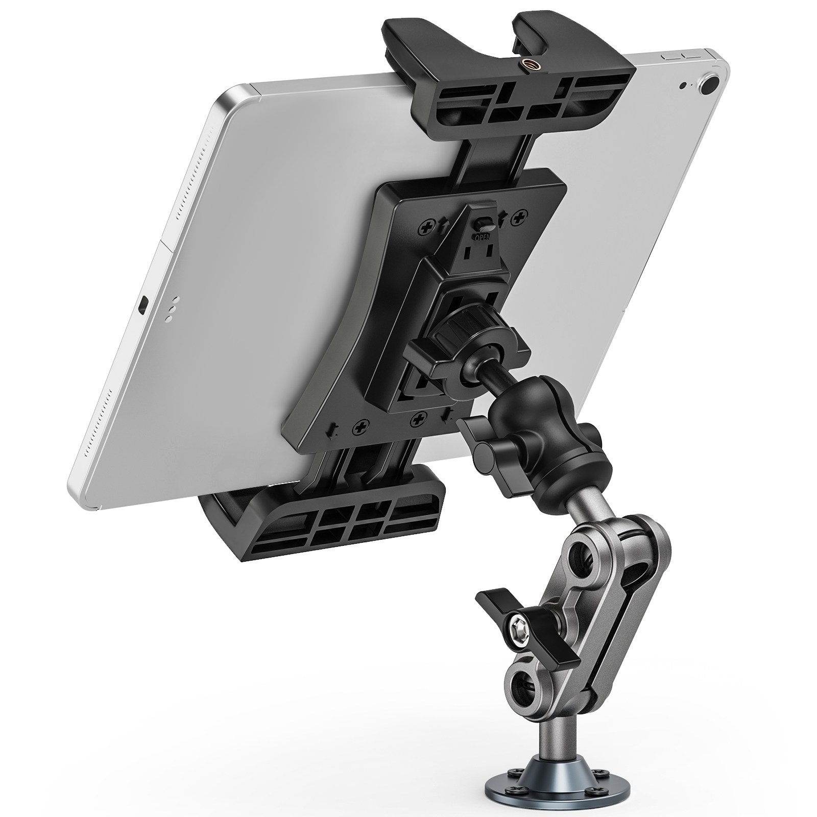 금속 스마트폰 태블릿 거치대 4.7~12.9인치 만능 호환 360도 회전 자유 각도조절 트럭 자동차 대시보드 벽걸이 데스크 견고한 드릴 설치형, 1개, 블랙+실버, ST-114 29,900원