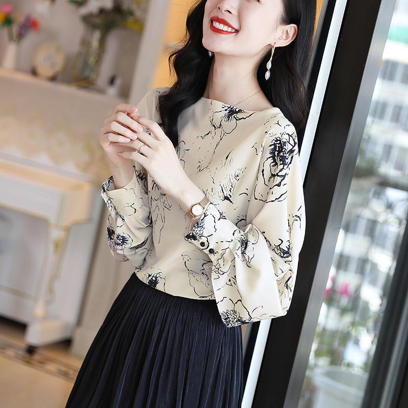 Makone 여성 빅플라워 프린트 쉬폰 블라우스 라운드넥 벌룬소매 프렌치 풀오버 22,900원