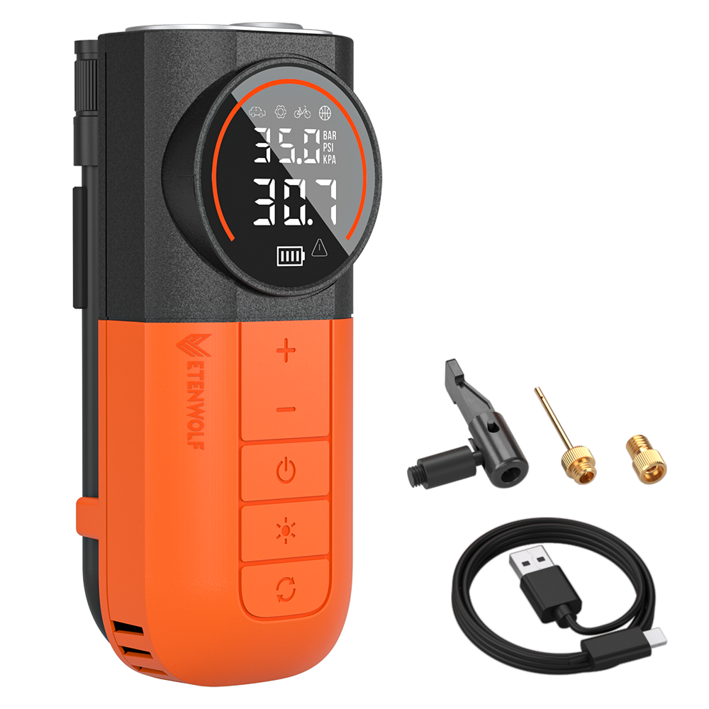 ETENWOLF S1 휴대용 타이어 공기 주입기, 160PSI 자동차 타이어, 자전거, 오토바이, 공용 펌프, 빠른 충전 타이어 펌프, 오렌지색, 1개 47,000원