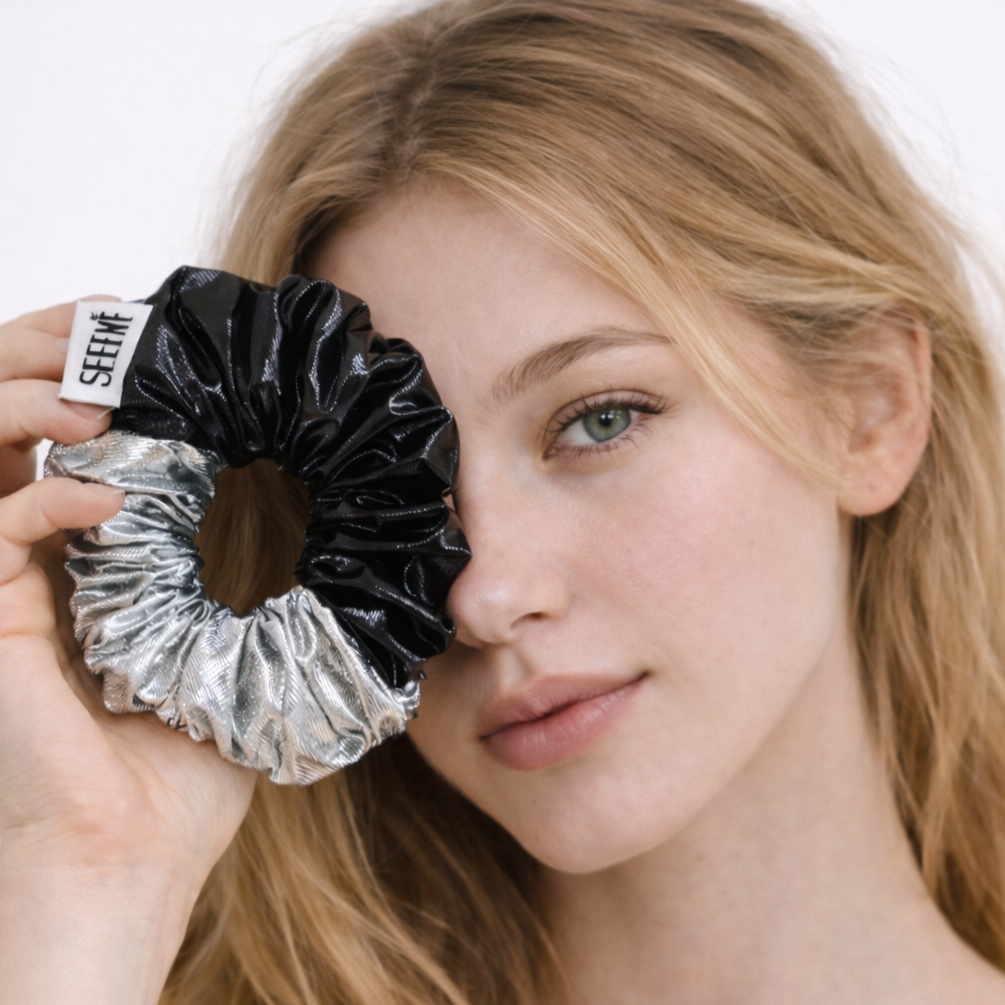 프리미엄 블랙 실버 메탈릭 스크런치 곱창밴드 볼륨 헤어슈슈 여성 고급 헤어악세사리 1개 SEENE 14,800원