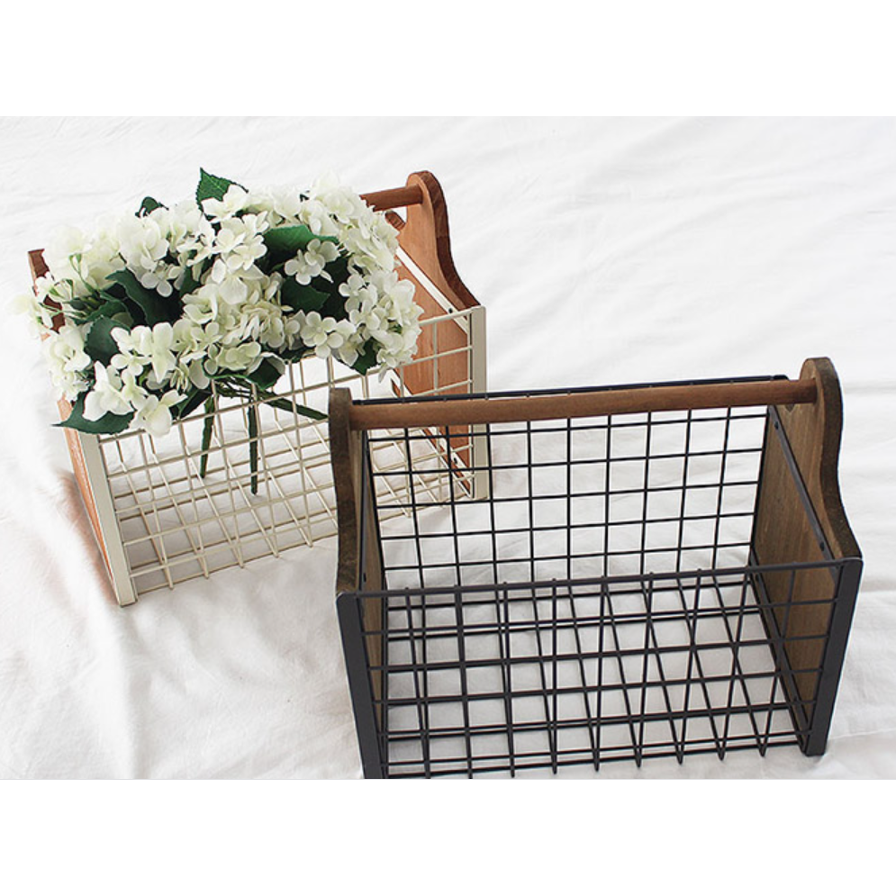 허니상점 철제 사각 바스켓 심플 우드 손잡이 바구니 잡지꽂이 책정리함 /2color, 아이보리, 1개 43,000원
